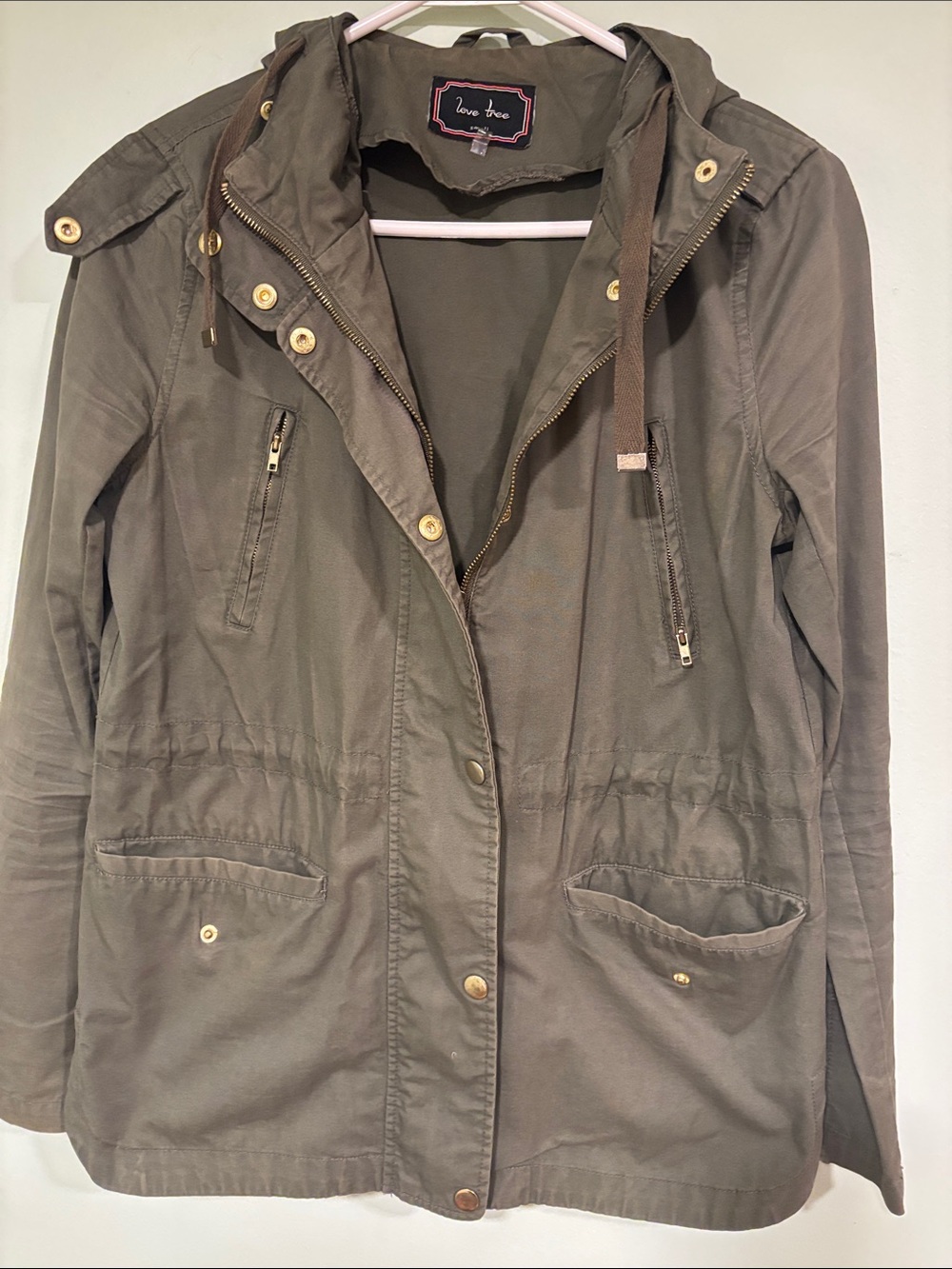 Love Tree Olive Utility Hooded Jacket with Gold-Tone Hardware